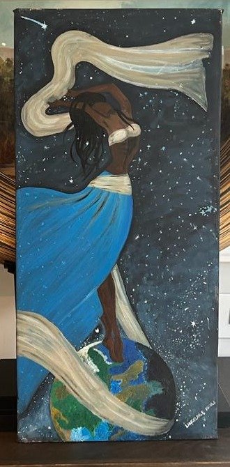 Painting of a woman dancing above the earth beneath a field of stars, blue dress flowing