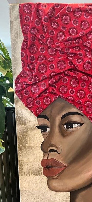Portrait of a woman in a red headwrap, mixed media on newsprint