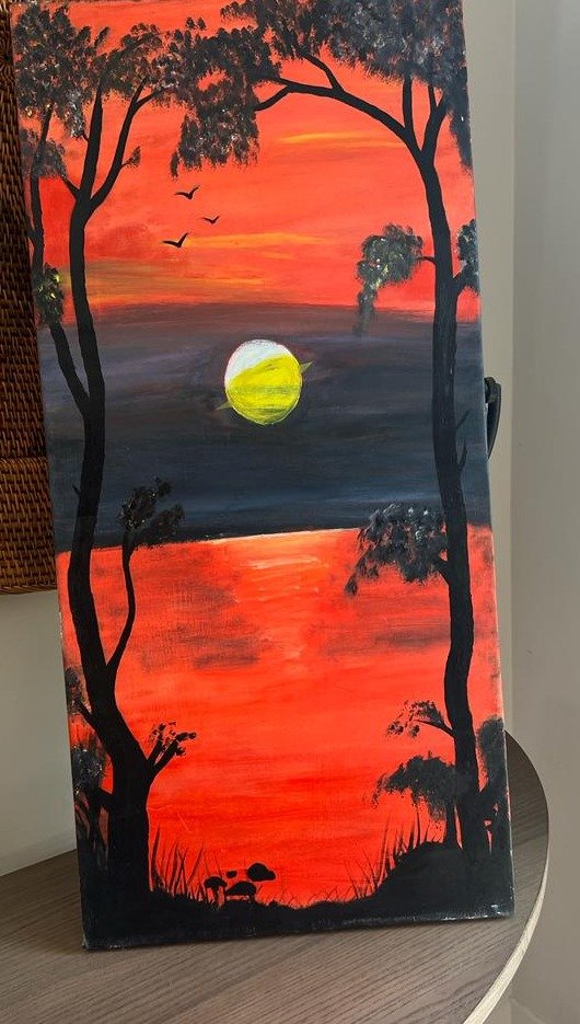 African sunset landscape with silhouetted trees, acrylic on canvas